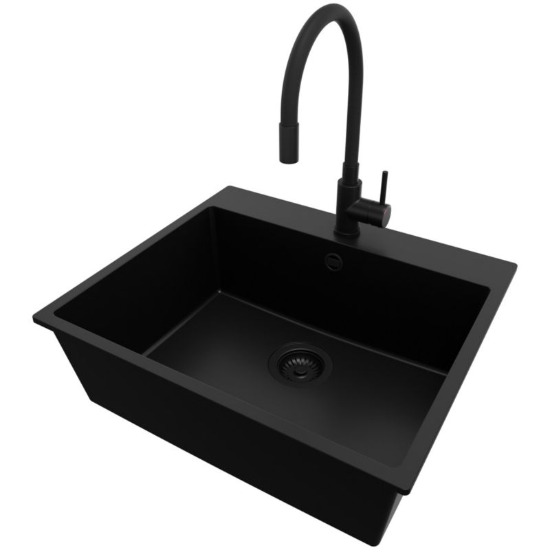 Zlewozmywak Granitowy Ryga PRIMAGRAN Nablatowy 58x50cm do Szafki od 60cm, Cały Czarny + Bateria 38x14cm + Syfon, S332, 1 szt.