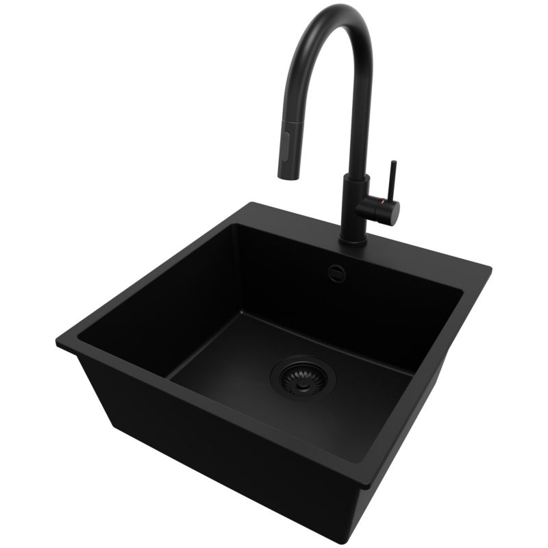 Zlewozmywak Granitowy Ryga PRIMAGRAN Nablatowy 48x50cm do Szafki od 50cm, Cały Czarny + Bateria 40x20cm + Syfon, S234, 1 szt.