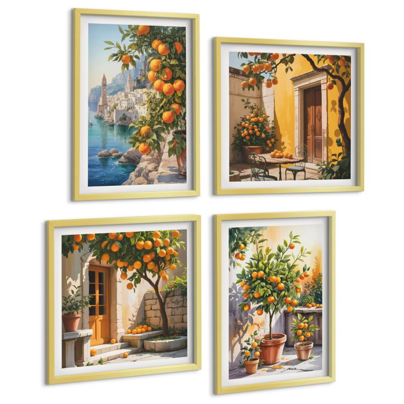 Zestaw Obrazów 4 Częściowy ArtPrintCave (2x50x50+2x40x60cm) Złota rama Malowane cytrusy krajobrazy 1 kpl.
