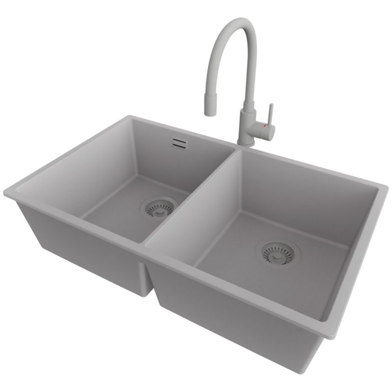 Zlewozmywak podblatowy Londyn Twin PRIMAGRAN 76x47cm do Szafki od 80cm, Cały Szary + Bateria 38x14cm + Syfon, S032, 1 szt.
