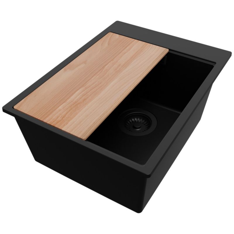 Zlewozmywak Oslo Top PRIMAGRAN Nablatowy 38x50cm do Szafki od 40cm, Cały Czarny + Syfon + Deska, S079, 1 szt.