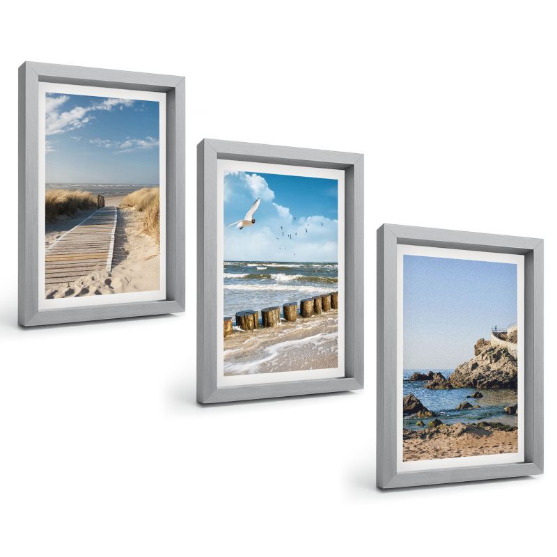 Zestaw 3 Obrazów w Srebrnej Ramie ArtPrintCave 20x30 cm Galeria Ścienna Plaża drewniana ścieżka klify 1 kpl.