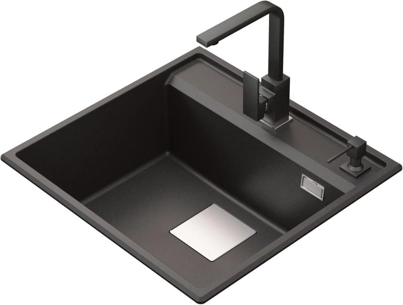 Zestaw zlewozmywak granitowy GranMaster 530x500x209 mm, bateria kuchenna, dozownik do mydła i odpływ czarny metalik 1 szt.