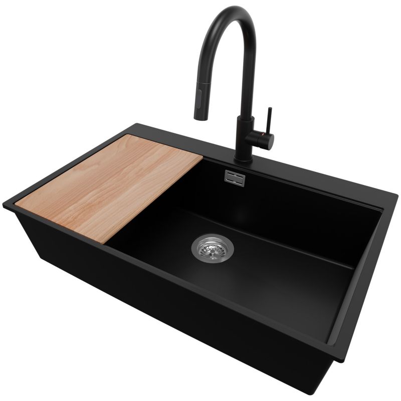 Zlewozmywak Granitowy Oslo Top PRIMAGRAN Nablatowy 78x50cm do Szafki od 80cm, Czarny + Bateria + Syfon + Deska, S613, 1 szt.