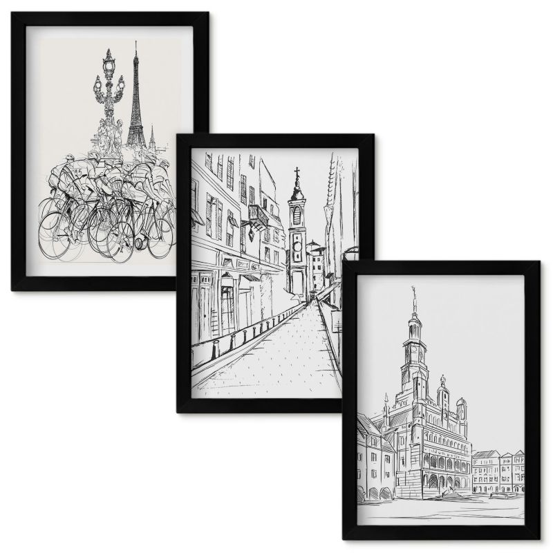 Zestaw Obrazów w Ramie Wallfluent Proste rysunki miejskich krajobrazów Czarna rama 20x30cm 3 szt.