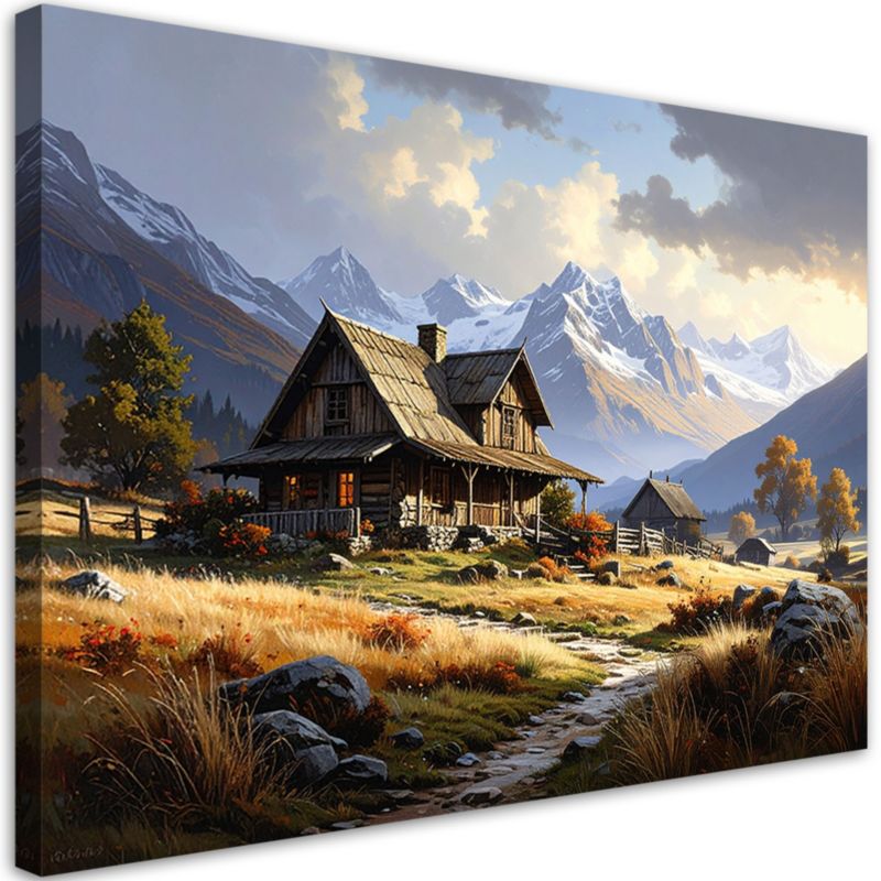 Obraz do salonu sypialni kuchni biura Feeby Pejzaż górski domki natura 120x80cm 1szt