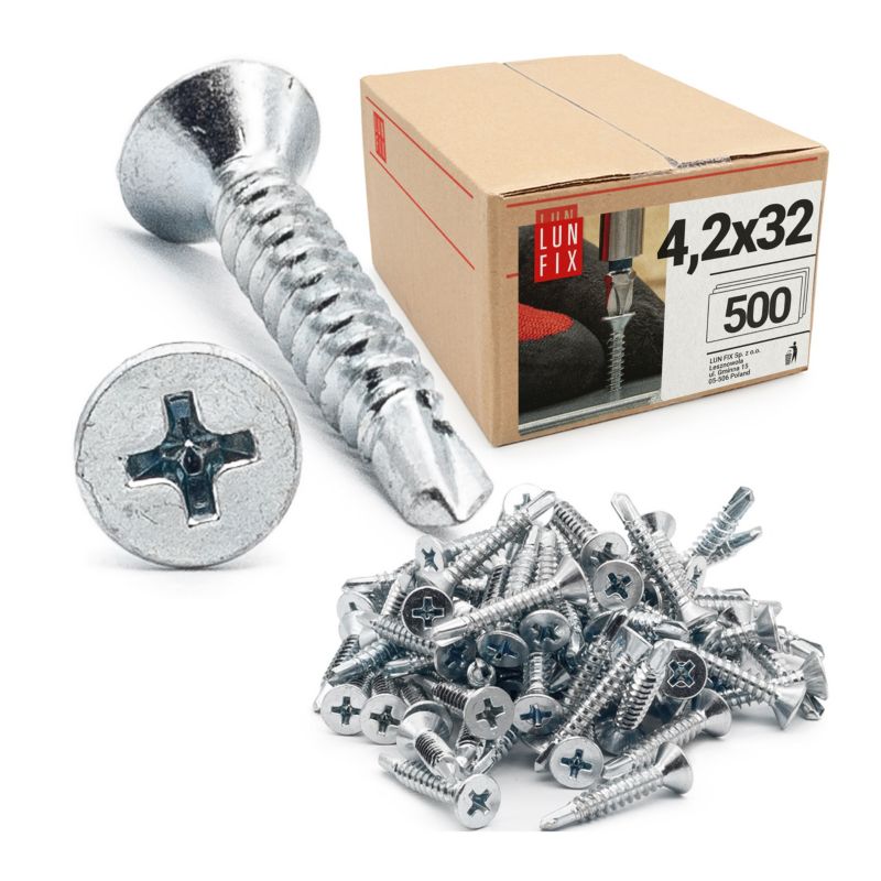 Wkręty do metalu Lun Fix samowiercące z łbem stożkowym 4,2x32mm 500szt.