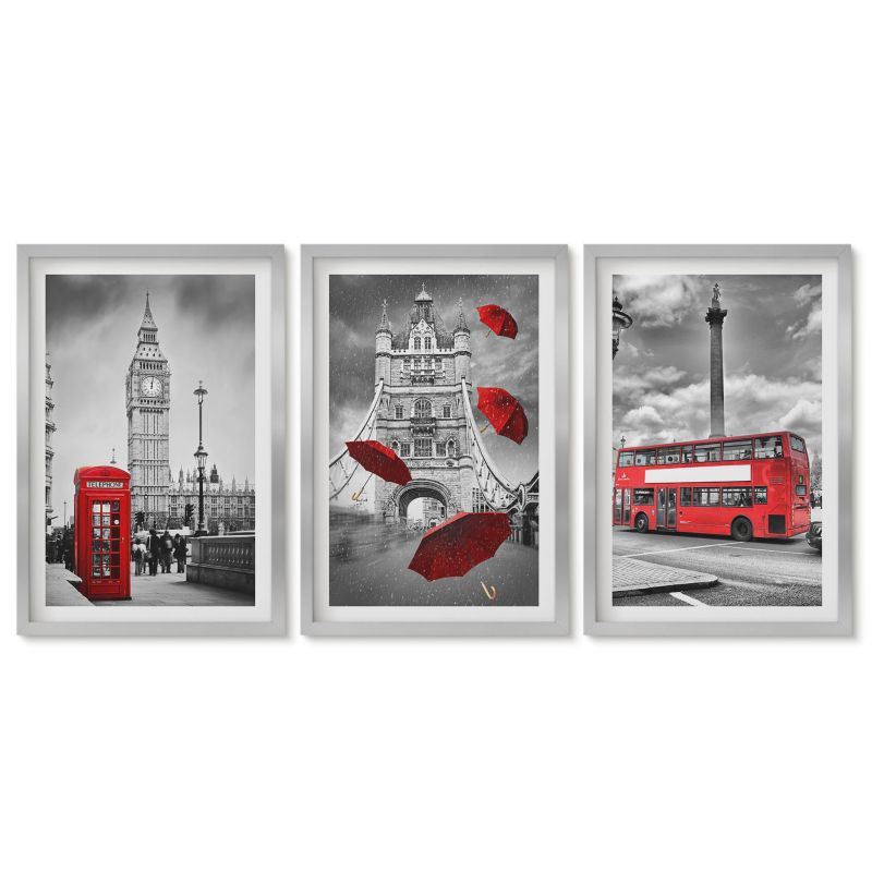 Obrazy w srebrnej ramie Tulup 40x60 cm Czerwona budka parasolka i autobus Londyn Tryptyk 1 kpl