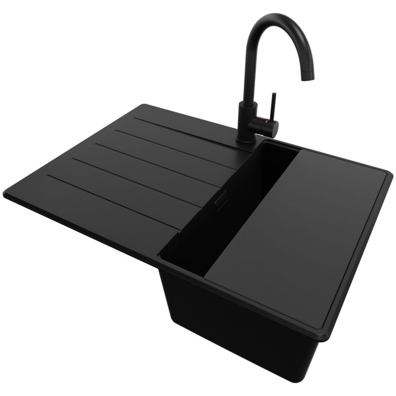 Zlewozmywak Granitowy Kopenhaga Top PRIMAGRAN Nablatowy 70x50cm, Cały Czarny + Bateria + Syfon + Akcesorium, S186, 1 szt.