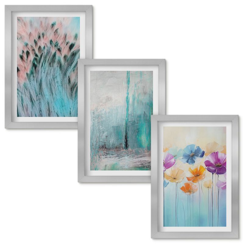 Zestaw Obrazów w Ramie Wallfluent Kwiaty pastelowe tło wzory Srebrna rama 20x30cm 3 szt.