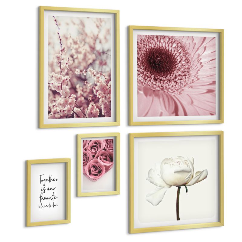 Galeria 5 Obrazów ArtPrintCave (2x50x50+2x20x30+40x60cm) Złota rama Kwiaty bukiety róż napis domowy 1 kpl.
