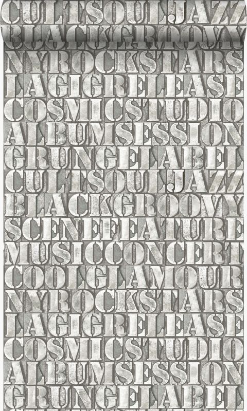 Tapeta Origin Wallcoverings stare żelazne litery składu szarym 53 cm x 10.05 m - 1 rol.