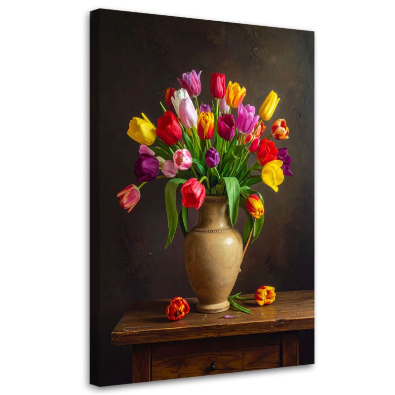 Obraz do salonu sypialni biura Feeby Kolorowe tulipany kwiaty w wazonie 80x120cm 1szt