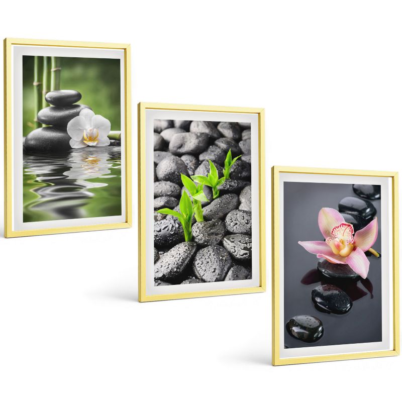 Zestaw Obrazów 3 Częściowy ArtPrintCave Złote Ramki 40x60 cm Dekoracja do Sypialni Spokojna kompozycja zen 1 kpl.