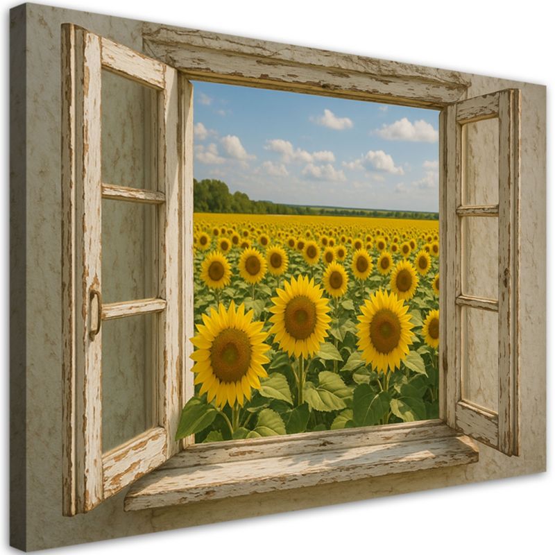 Obraz do salonu jadalni Feeby Widok z okna Pole Słoneczniki Shabby Chic 100x70cm 1szt