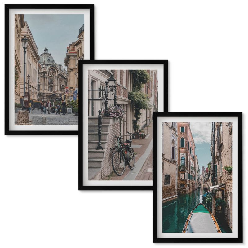 Tryptyk w Ramie Wallfluent Weneckie uliczki z wodą Czarna rama 40x60 cm 3 szt.