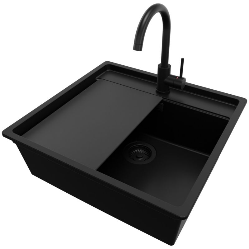 Zlewozmywak podblatowy Bergen Low Cut Top PRIMAGRAN 56x53cm, Cały Czarny + Bateria + Syfon + Akcesorium, S108, 1 szt.