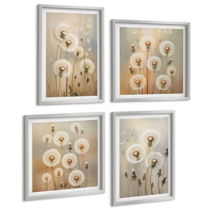 Galeria 4 Obrazów ArtPrintCave (2x50x50+2x40x60cm) Srebrna rama Srebrne dmuchawce jasne tło 1 kpl.