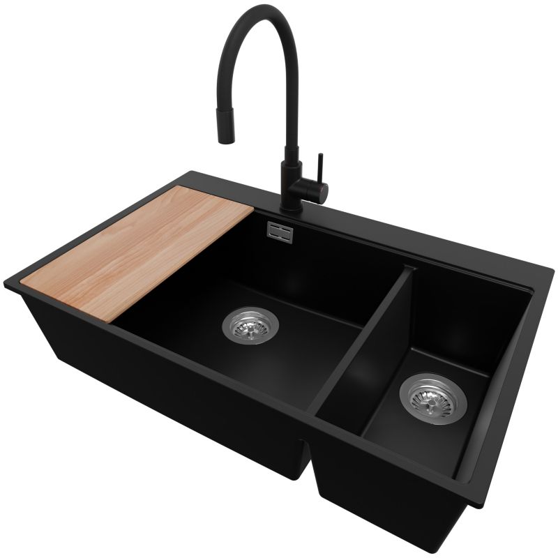 Zlewozmywak Granitowy Oslo Duo Top PRIMAGRAN Nablatowy 78x50cm do Szafki od 80cm, Czarny + Bateria + Syfon + Deska, S099, 1 szt.