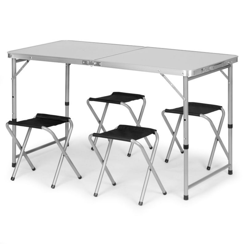 Stolik turystyczny Bauerkraft składany, z regulacją wysokości i zestawem 4 krzesełek 120x60x70 cm srebrny 1 szt.