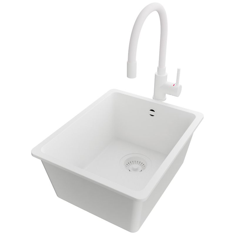 Zlewozmywak Granitowy Wenecja Easy Slim PRIMAGRAN Nablatowy 36x44cm do Szafki od 40cm, Cały Biały + Bateria + Syfon, S024, 1 szt.