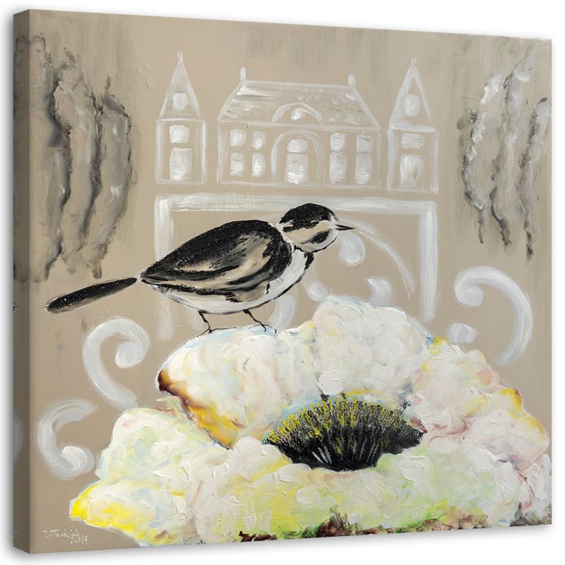 Obraz na płótnie Feeby Biały kwiat i czarny ptak 60x60cm 1szt