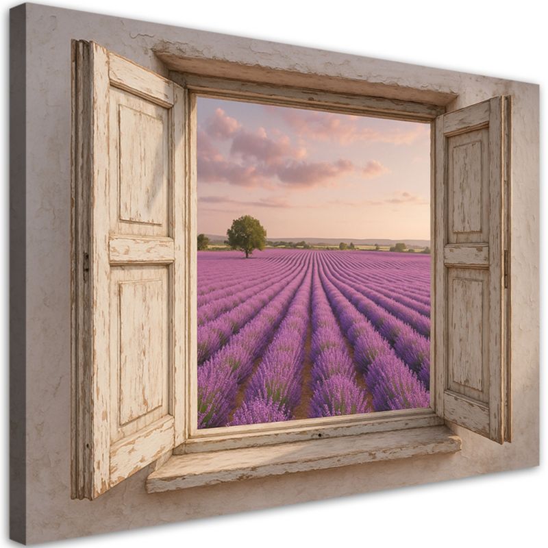 Obraz do salonu jadalni Feeby Widok z okna Pole lawendy Shabby Chic 100x70cm 1szt