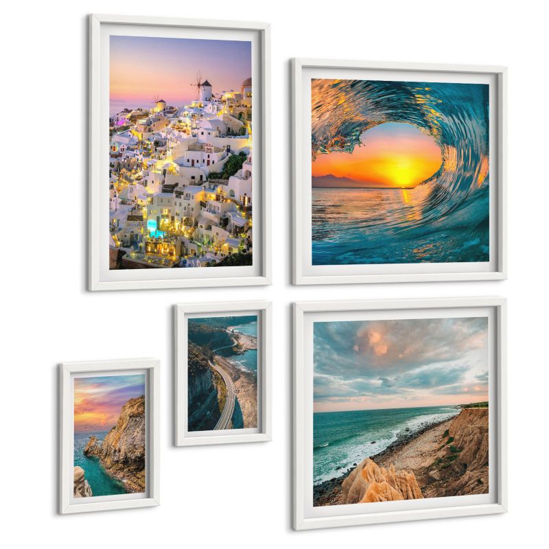 Galeria 5 Obrazów ArtPrintCave (2x50x50+2x20x30+40x60cm) Biała rama Morze fale białe domy Santorini 1 kpl.