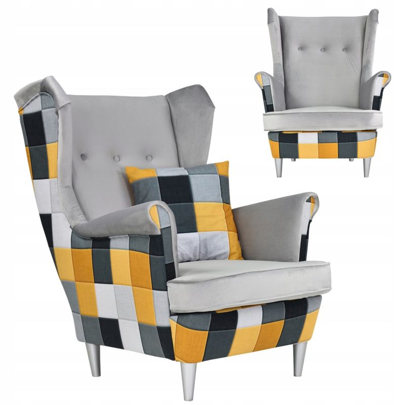 Fotel uszak do salonu Family Meble Ari Print Duo szary kratka 1szt