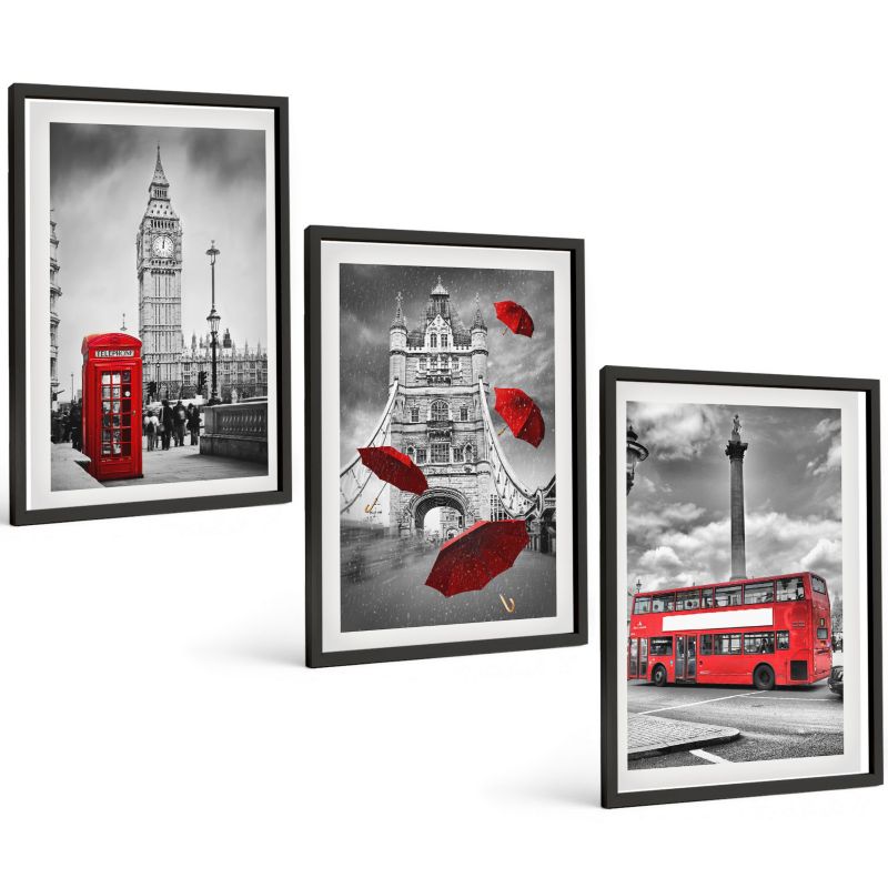 Galeria 3 Obrazów w Czarnej Ramie ArtPrintCave 40x60 cm Komplet ścienny Czerwona budka parasolka i autobus Londyn 1 kpl.