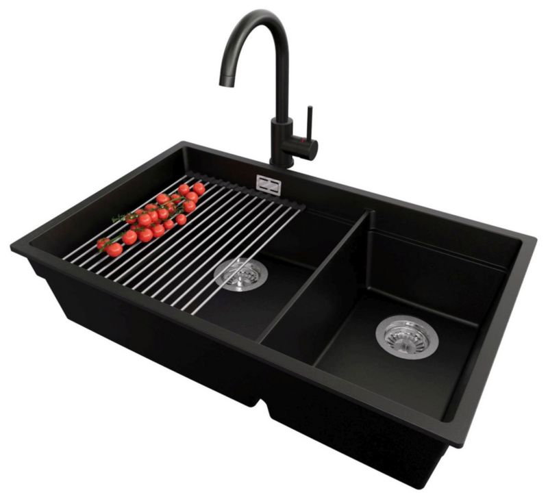 Zlewozmywak Granitowy Praga Duo Level PRIMAGRAN Nablatowy 76x47cm, Czarny + Bateria + Syfon + Akcesorium, S075, 1 szt.