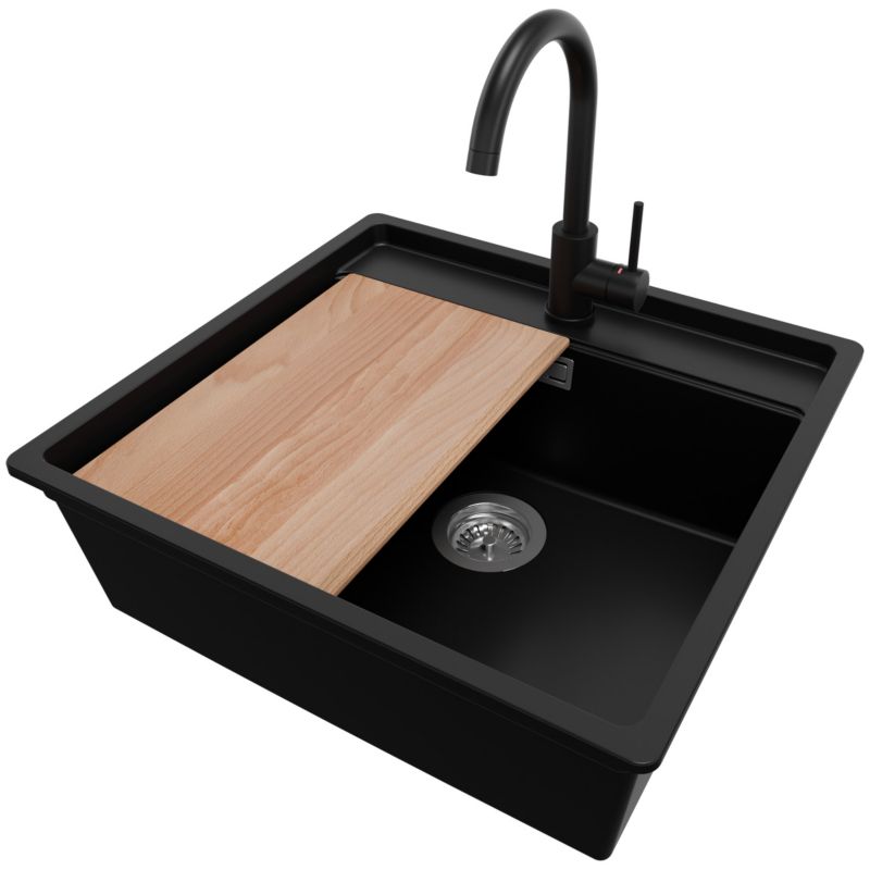 Zlewozmywak Granitowy Bergen Low Cut PRIMAGRAN Nablatowy 56x53cm, Czarny + Bateria + Syfon + Akcesorium, S193, 1 szt.