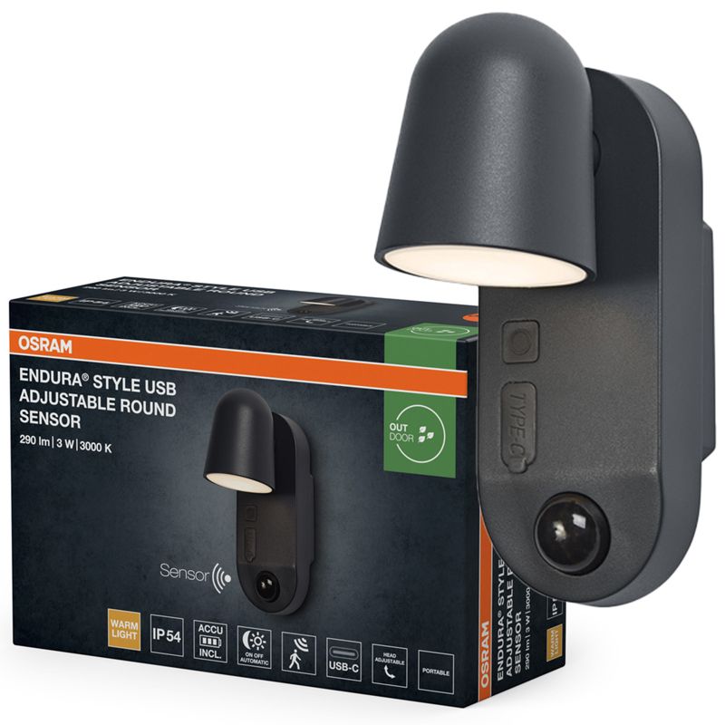 ENDURA Style USB Adjustable Round Sensor IP54 Dark grey OSRAM
