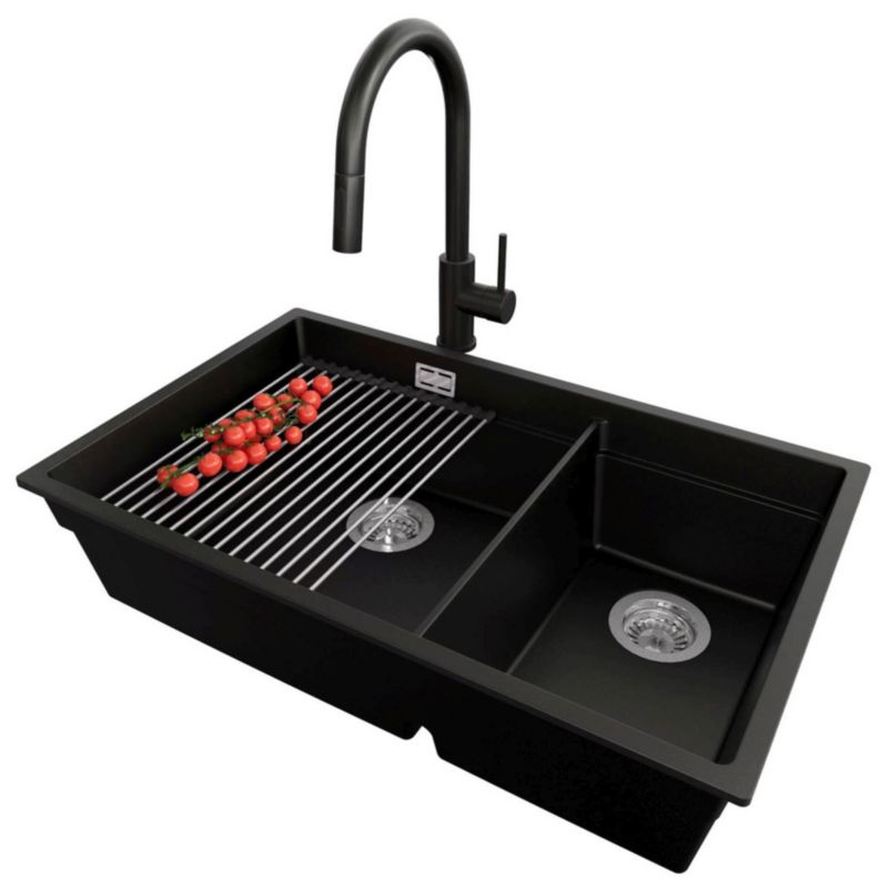 Zlewozmywak Granitowy Praga Duo Level PRIMAGRAN Nablatowy 76x47cm, Czarny + Bateria + Syfon + Akcesorium, S079, 1 szt.