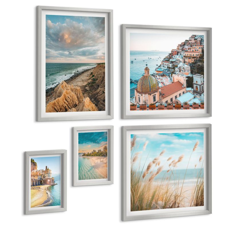 Zestaw Obrazów 5 Częściowy ArtPrintCave (2x50x50+2x20x30+40x60cm) Srebrna rama Krajobrazy plaża miasto klify 1 kpl.