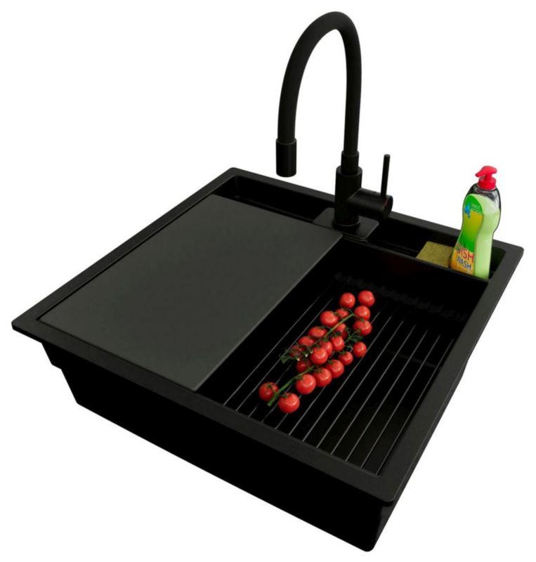 Zlewozmywak podblatowy Bergen Double Pocket PRIMAGRAN 56x54cm do Szafki od 60cm, Cały Czarny + Bateria + Syfon, S060, 1 szt.