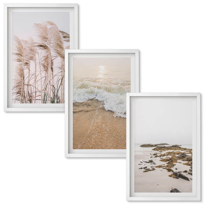Obraz Ścienny Zestaw Wallfluent Plażowe trawy fale kamienie boho Biała rama 40x60 cm 3 szt.