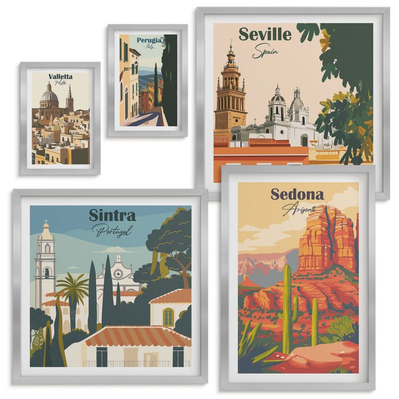 Kolekcja Obrazów w Ramie Wallfluent Nadmorskie miasta ilustracje Srebrna rama 5 szt.