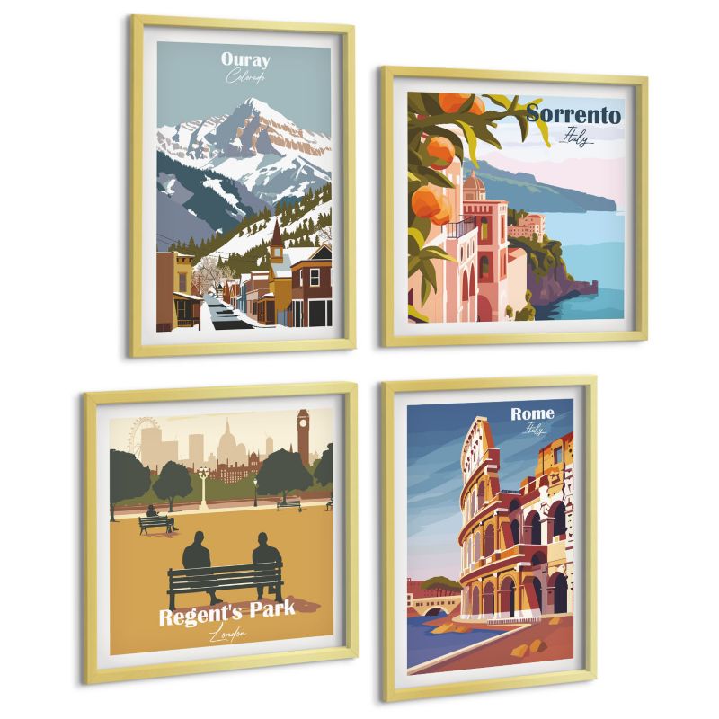 Zestaw 4 Obrazów ArtPrintCave (2x50x50+2x40x60cm) Złota rama Retro ilustracje znanych miejsc 1 kpl.
