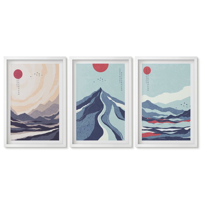 Zestaw 3 obrazów pionowych Tulup 40x60 cm Abstrakcyjne góry japońskie Obrazy w białej ramie 1 kpl