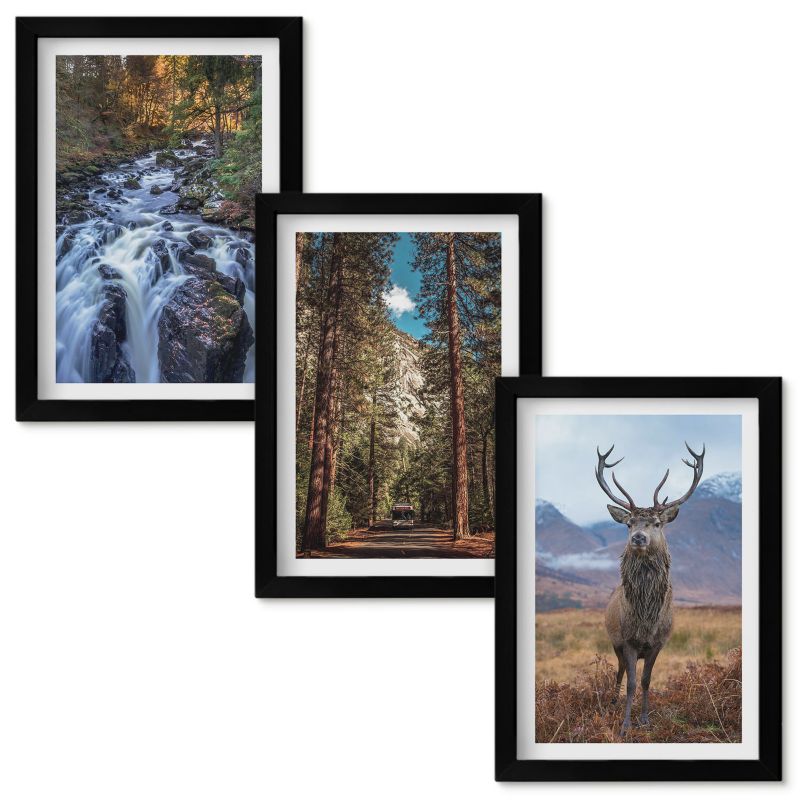 Zestaw Obrazów w Ramie Wallfluent Wodospad las góry jeleń natura Czarna rama 20x30cm 3 szt.