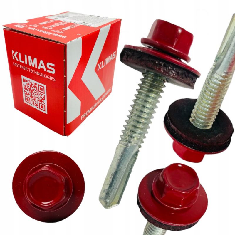 Wkręty Klimas samowiercące DO METALU RAL 3011 CZERWONY 5,5x32 farmery klucz 250 szt.