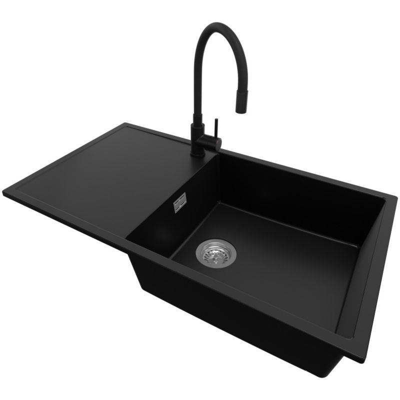 Zlewozmywak Granitowy Ibiza PRIMAGRAN Nablatowy 90x50cm do Szafki od 60cm, Czarny + Bateria 38x14cm + Syfon, S065, 1 szt.