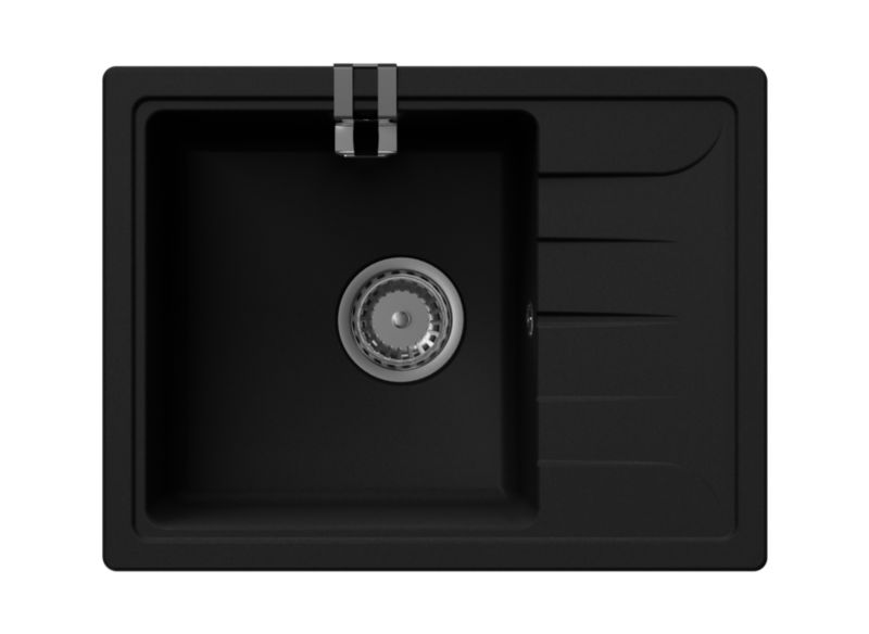 Zlewozmywak granitowy GranMaster 580x440x164 mm z uchwytem na gąbkę, jednokomorowy z ociekaczem, czarny metalik (1 szt.)