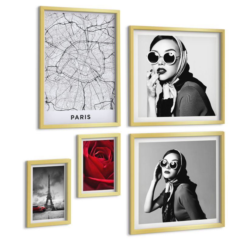 Zestaw 5 Obrazów ArtPrintCave (2x50x50+2x20x30+40x60cm) Złota rama Paryska dama w okularach Eiffla 1 kpl.