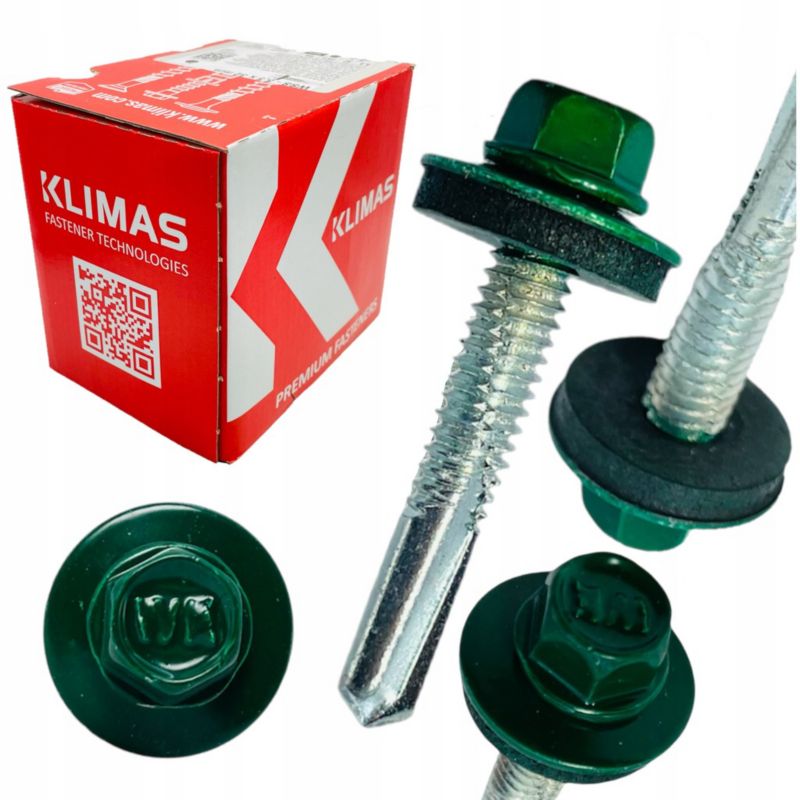 Wkręty Klimas samowiercące DO METALU RAL 6005 ZIELONY 5,5x32 farmery na klucz 250 szt.
