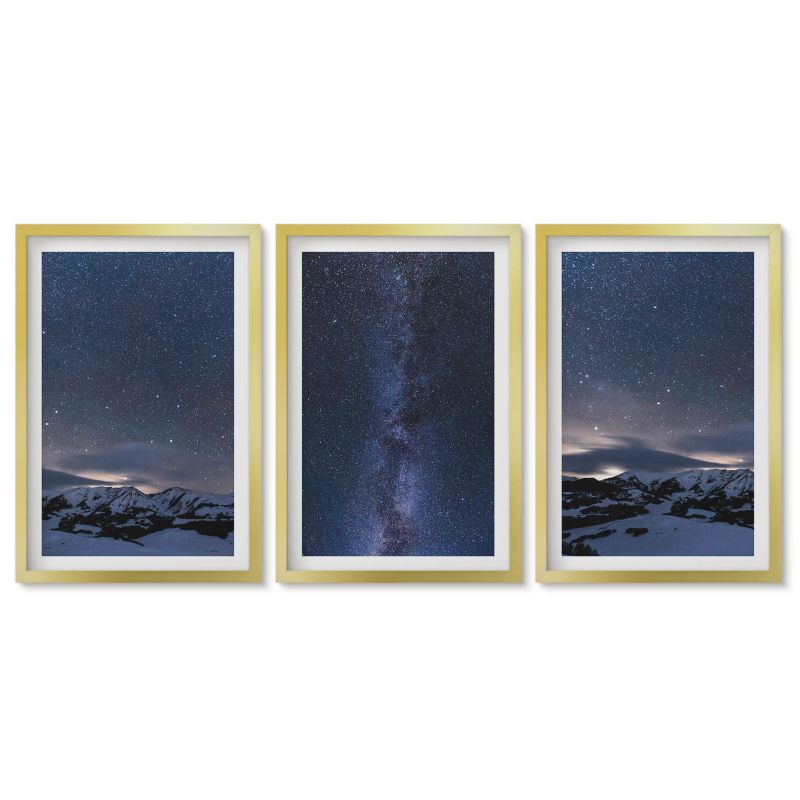 Zestaw 3 obrazów w złotej ramie Tulup 40x60 cm Nocne niebo góry gwiazdy Obrazy w złotej ramie 1 kpl