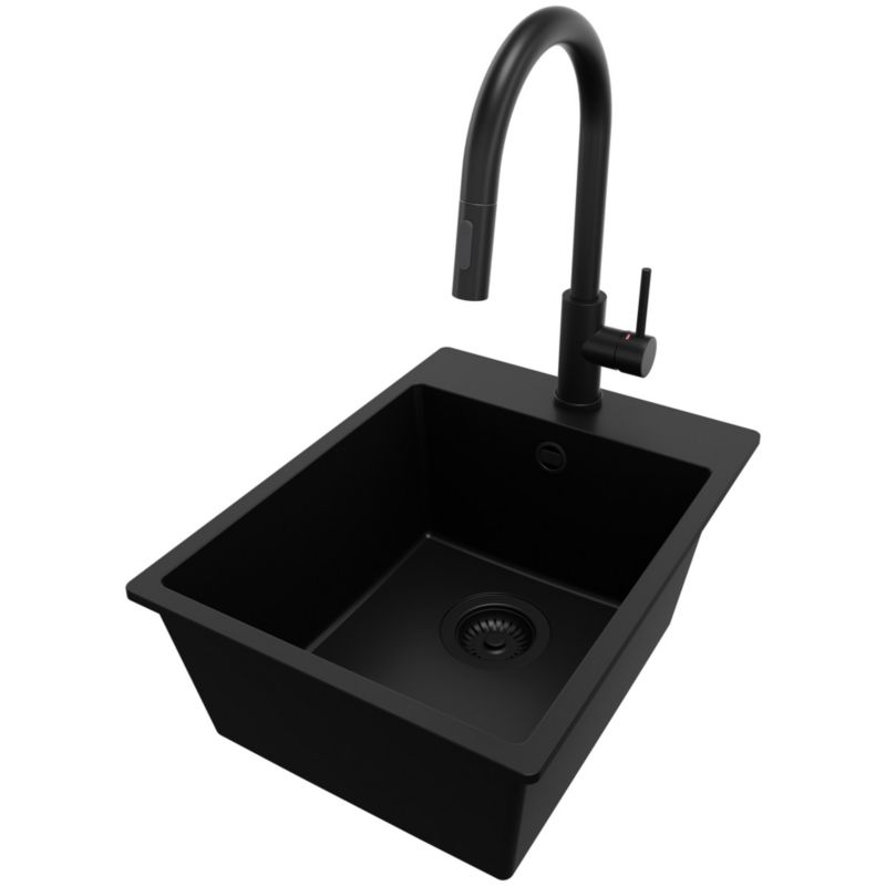 Zlewozmywak Granitowy Ryga PRIMAGRAN Nablatowy 38x50cm do Szafki od 40cm, Cały Czarny + Bateria 40x20cm + Syfon, S054, 1 szt.