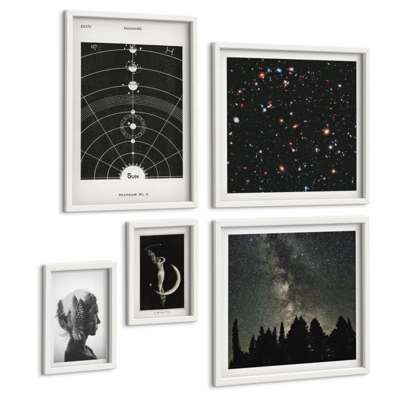 Komplet 5 Obrazów ArtPrintCave (2x50x50+2x20x30+40x60cm) Biała rama Układ słoneczny galaktyka 1 kpl.