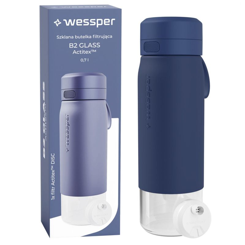 Butelka na wodę, Wessper, filtrująca, szkło borokrzemowe, bidon, z filtrem do wody, 700ml, B2 GLASS Actitex, niebieska, 1szt